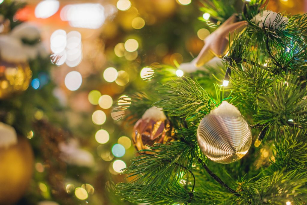 Christmas decoration and Christmas lights (bokeh) in Moscow, holiday season