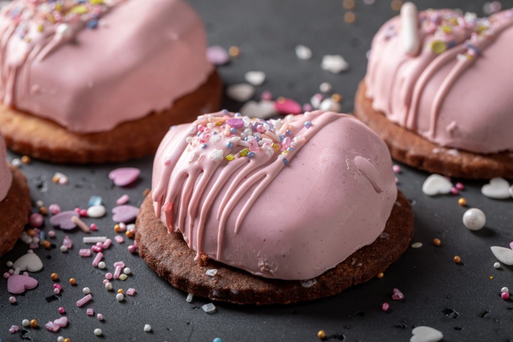 Homemade valentine mono portion with heart shape and sprinkles.