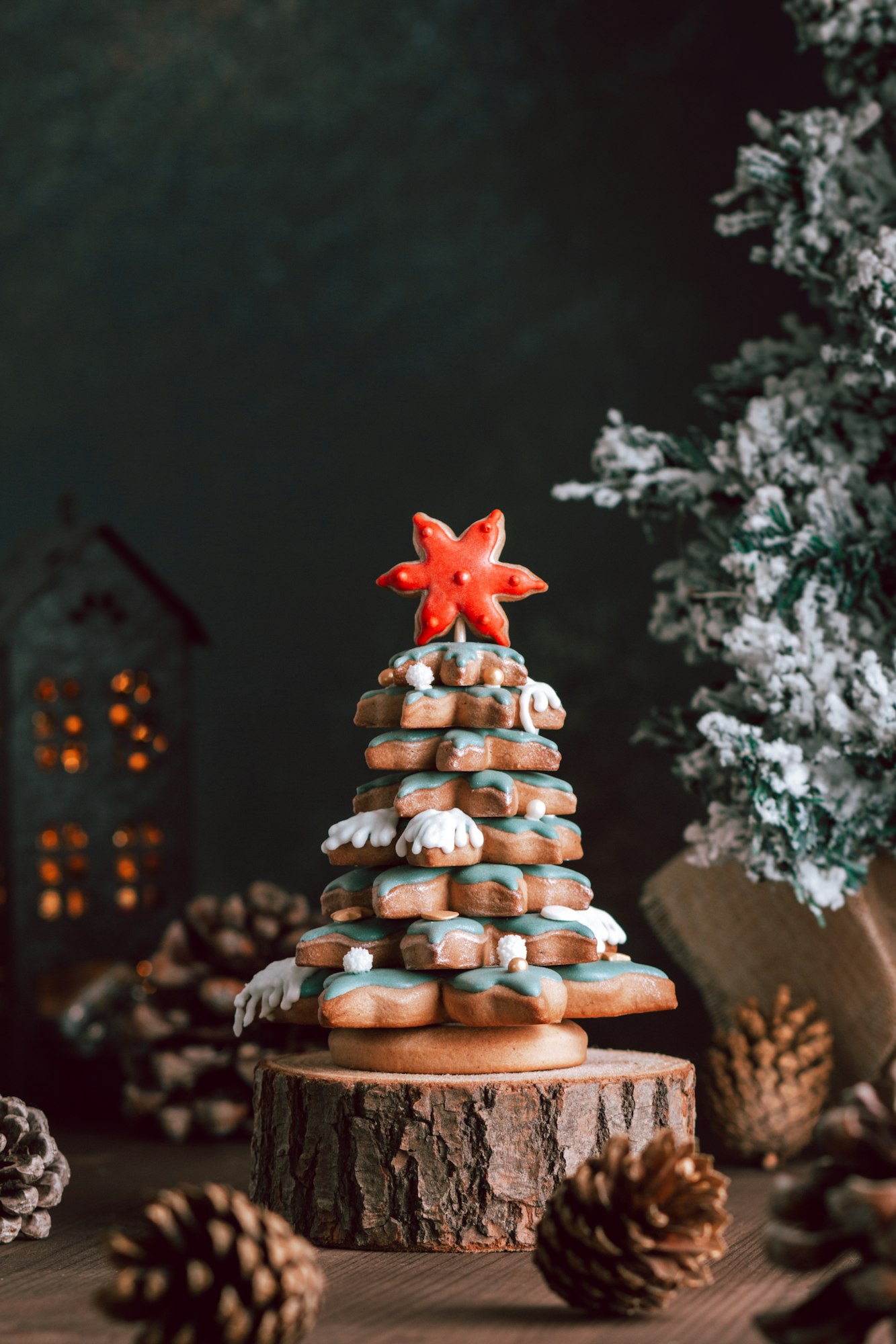 Gingerbread Christmas tree on dark table, Christmas card